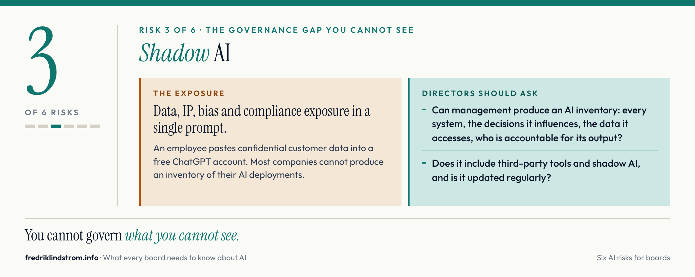 Risk 3 of 6, shadow AI. Data, IP, bias and compliance exposure in a single prompt, and most companies cannot produce an inventory of their AI. Directors should ask for a regularly updated AI inventory that includes third-party tools.